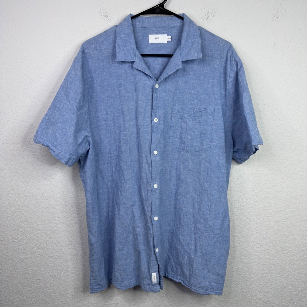 Onia Shirt Mens XL Blue Linen Blend Camp Coastal Beachy Minimalist Vacation